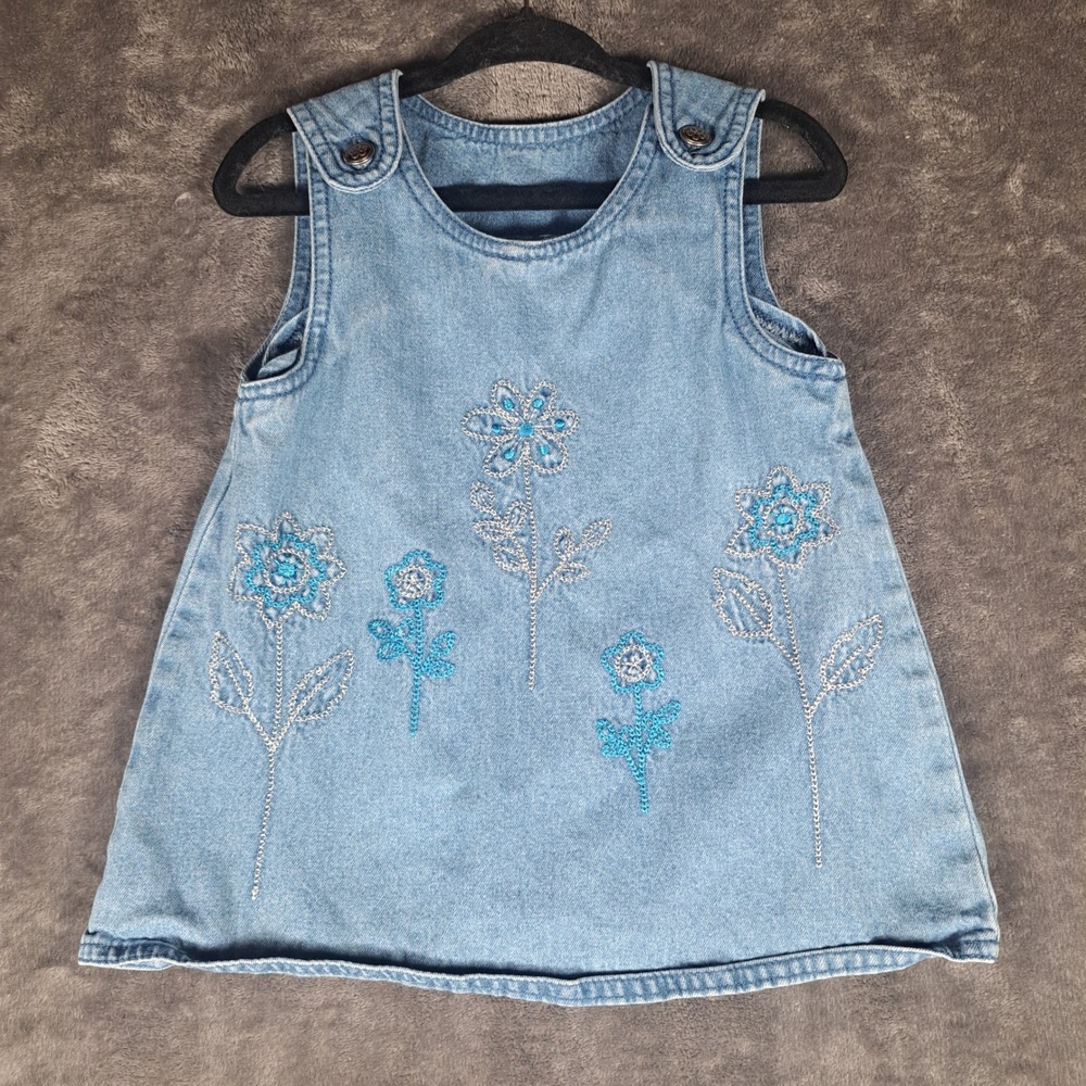 VTG Miniwear Baby Girls 12M Blue Denim Floral Embroidered Jumper Cottagecore